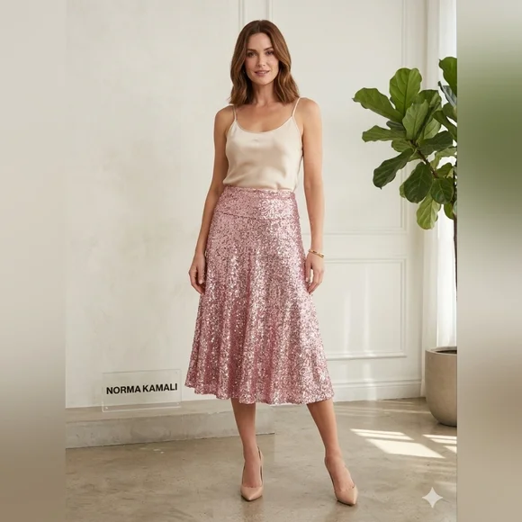 Norma Kamali Pink Sequin Midi Skirt - Rose Gold High Waisted Flare - Picture 1 of 8
